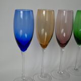 Set of 5 designer champagne flutes in colored glass from the 70s