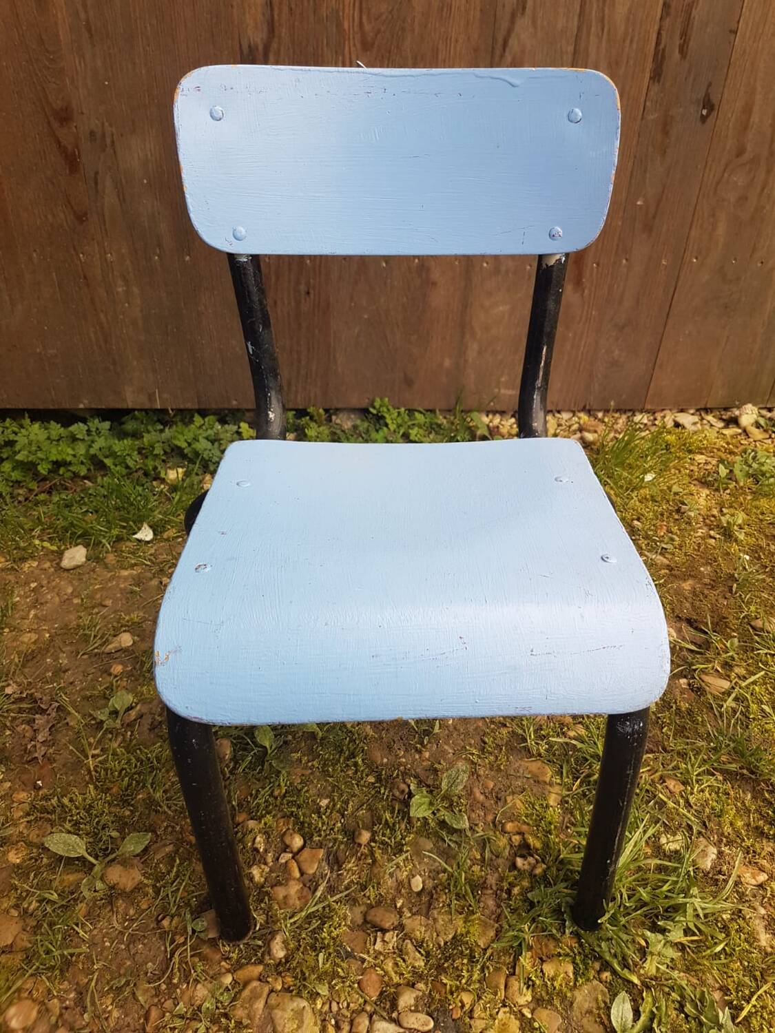 Mullca style children's chair black metal tube + vintage wood seat & back #a663