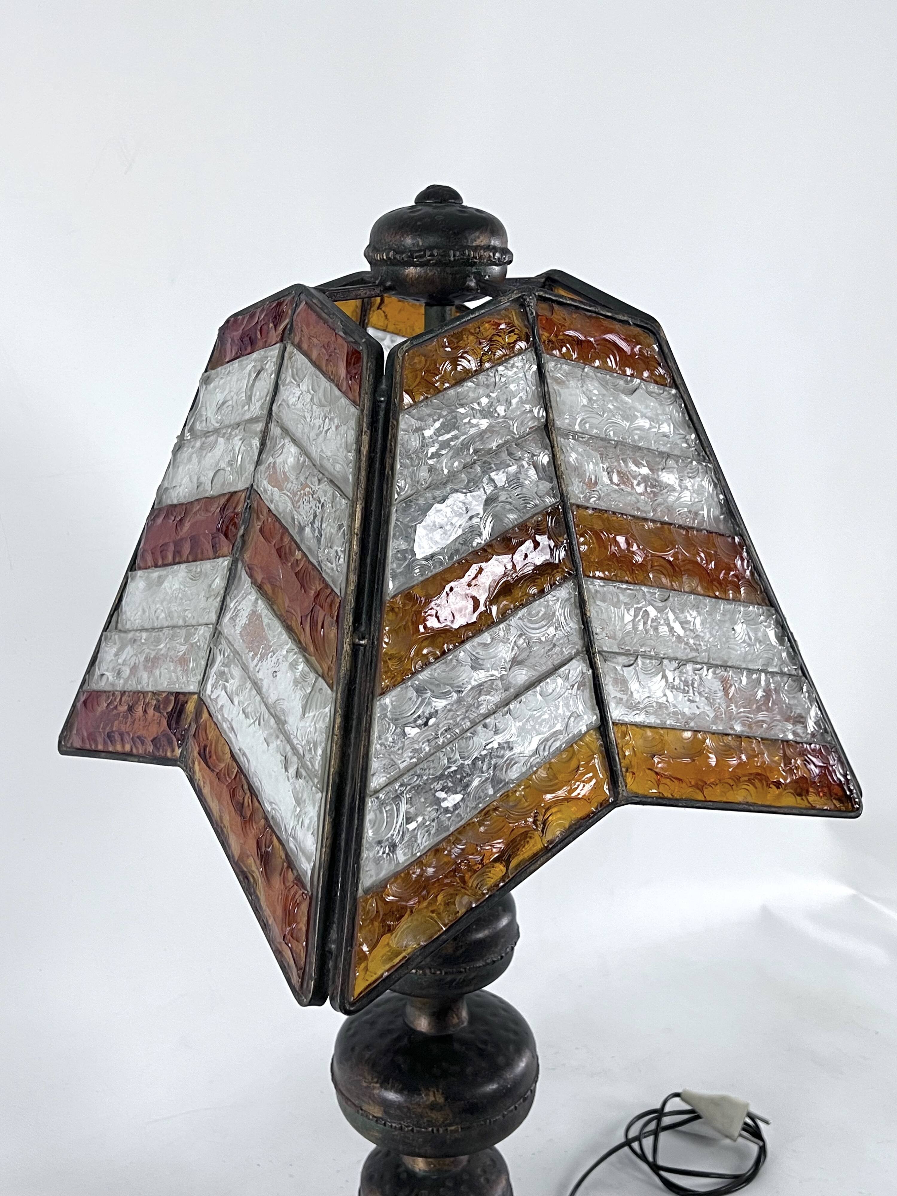Monumental brutalist thick glass and metal table lamp by Longobard. Italy 1