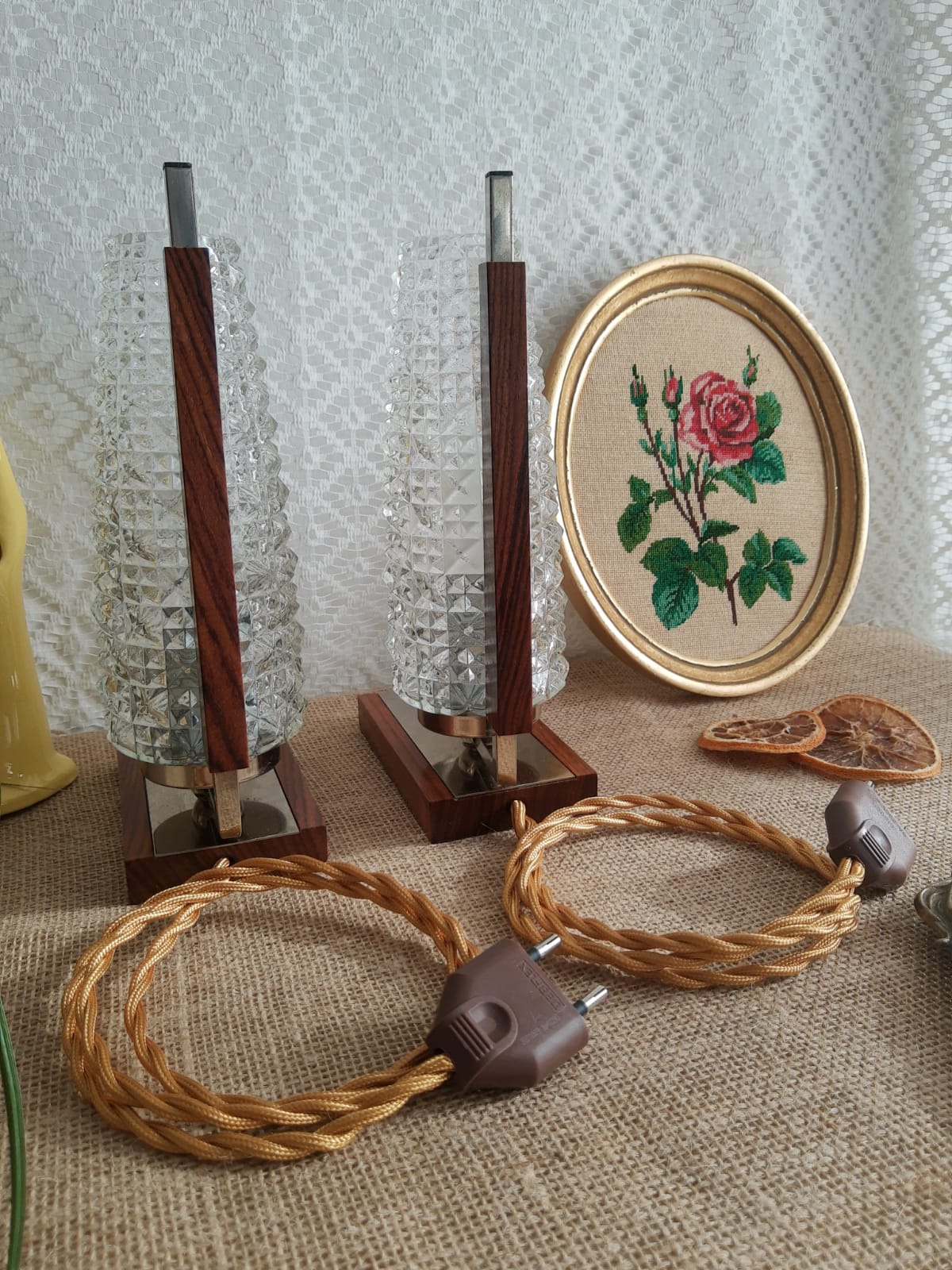 Pair of bedside lamps wood, metal and globe glass - vintage