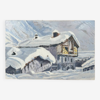 Huile sur toile paysage de montagnes enneigées signée A. MINET