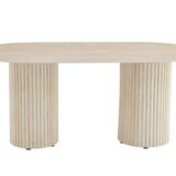 Keysha dining table in travertine with a glossy ceramic top.