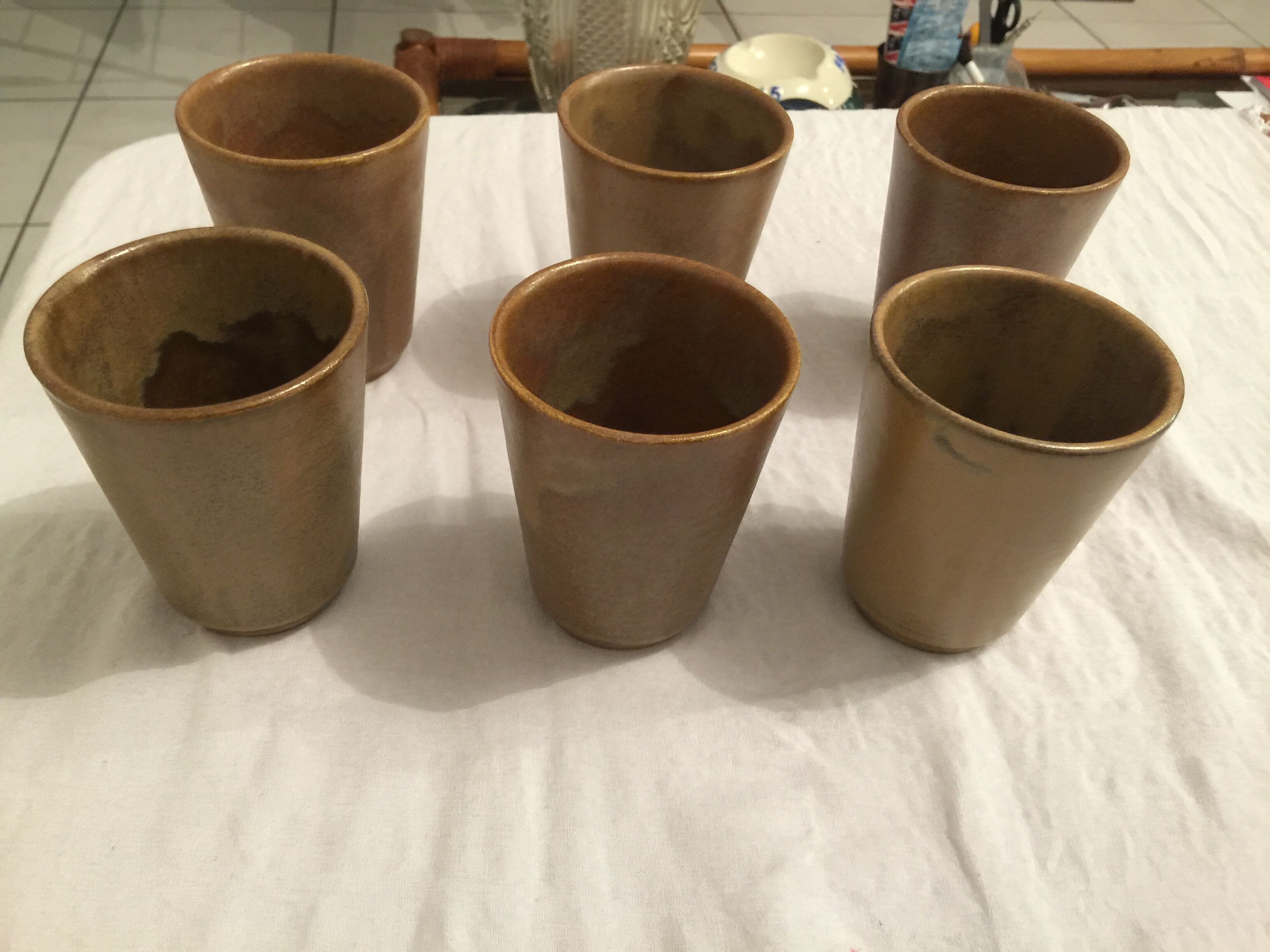 glazed Digoin stoneware cups in very good condition. signed.