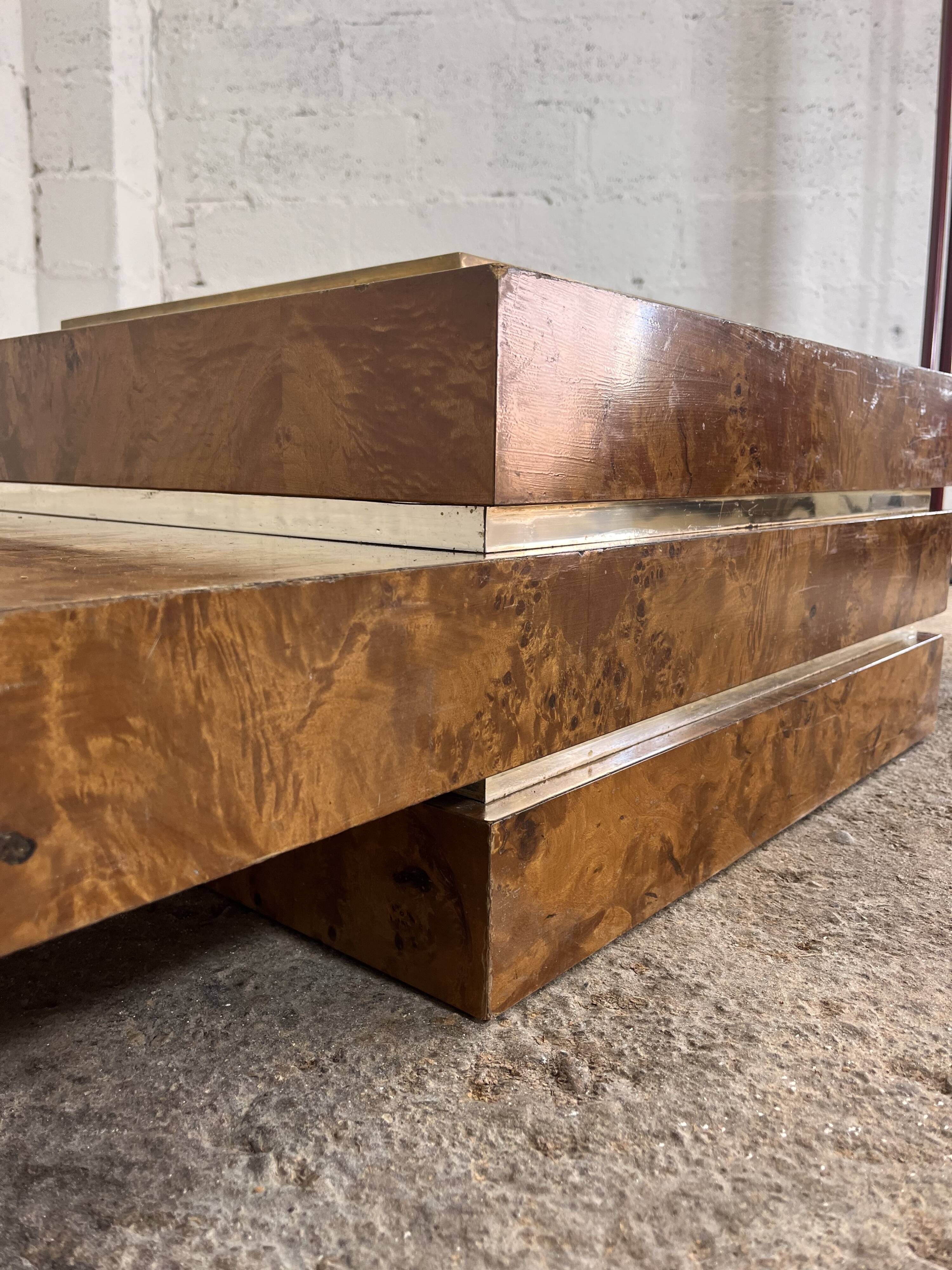 RocheBobois coffee bar table in elm burl and brass, 1970s