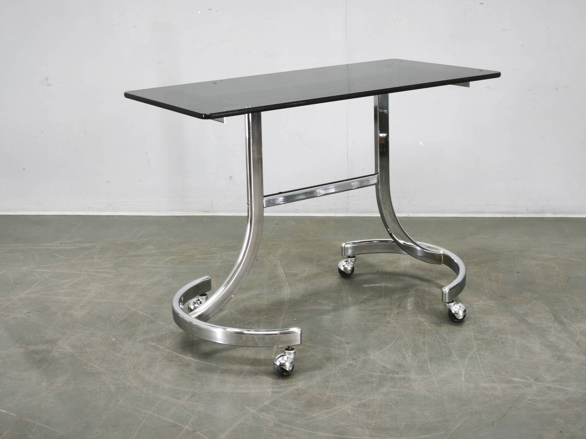 1970s Italian Space Age Chrome and Smoked Glass Rolling Side Table
