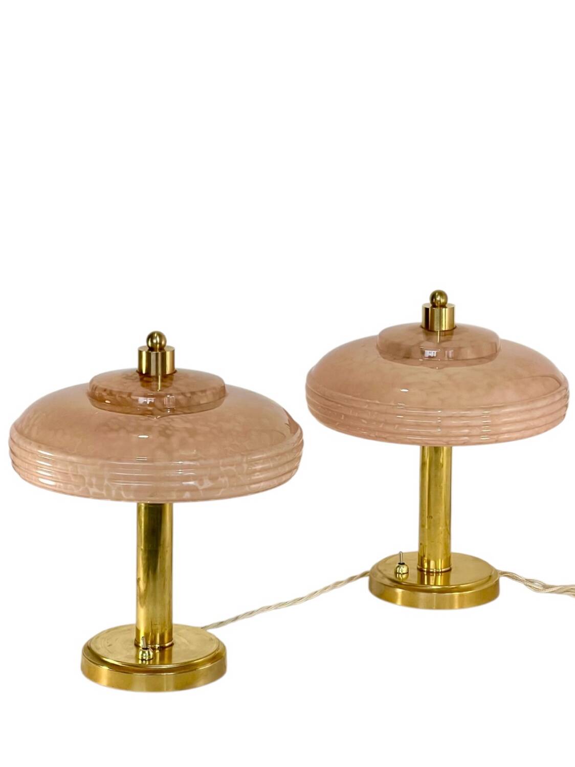 Pair of mushroom bedside lamps, pink Clichy glass.
