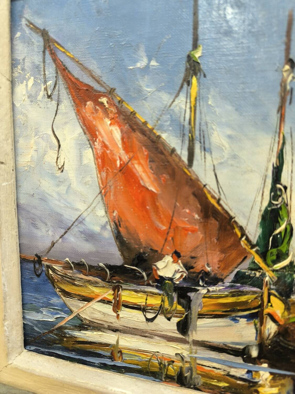 Huile sur toile marine Marcel Abougit Barques de pêcheurs Côte d'Azur