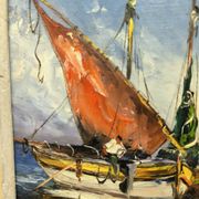 Oil on canvas, marine scene, Marcel Abougit, Fishing boats, French Riviera