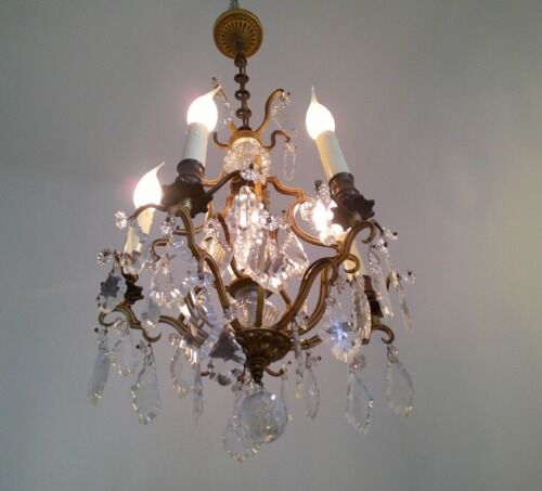 French antique bronze glass & crystal 5 light cage chandelier 4032