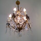 French antique bronze glass & crystal 5 light cage chandelier 4032