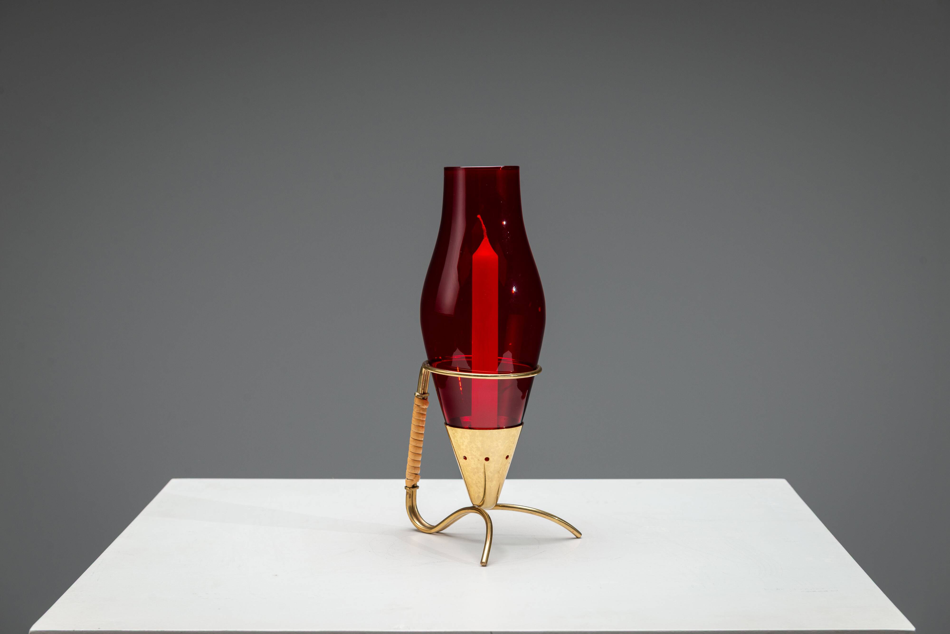 Gunnar Ander candleholder in brass, glass and rattan for Ystad Metall