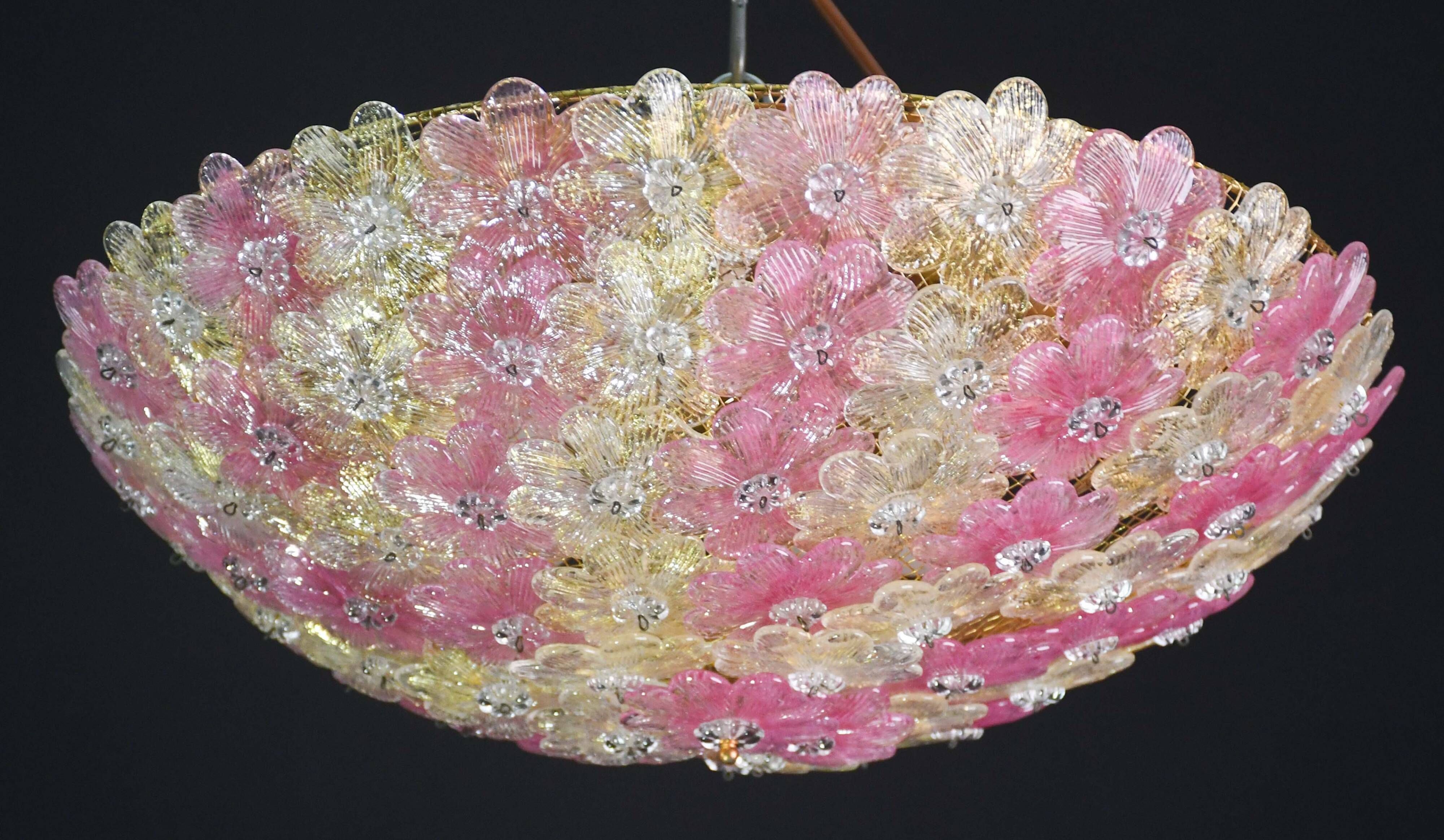 Amazing Pink and Gold Large Size Murano Ceiling Light Flower by Seguso