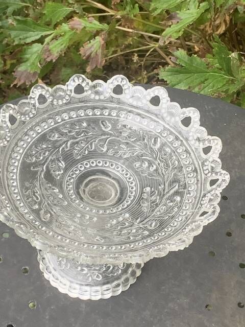 Glass bowl, vintage oak leaf pattern compote dish.