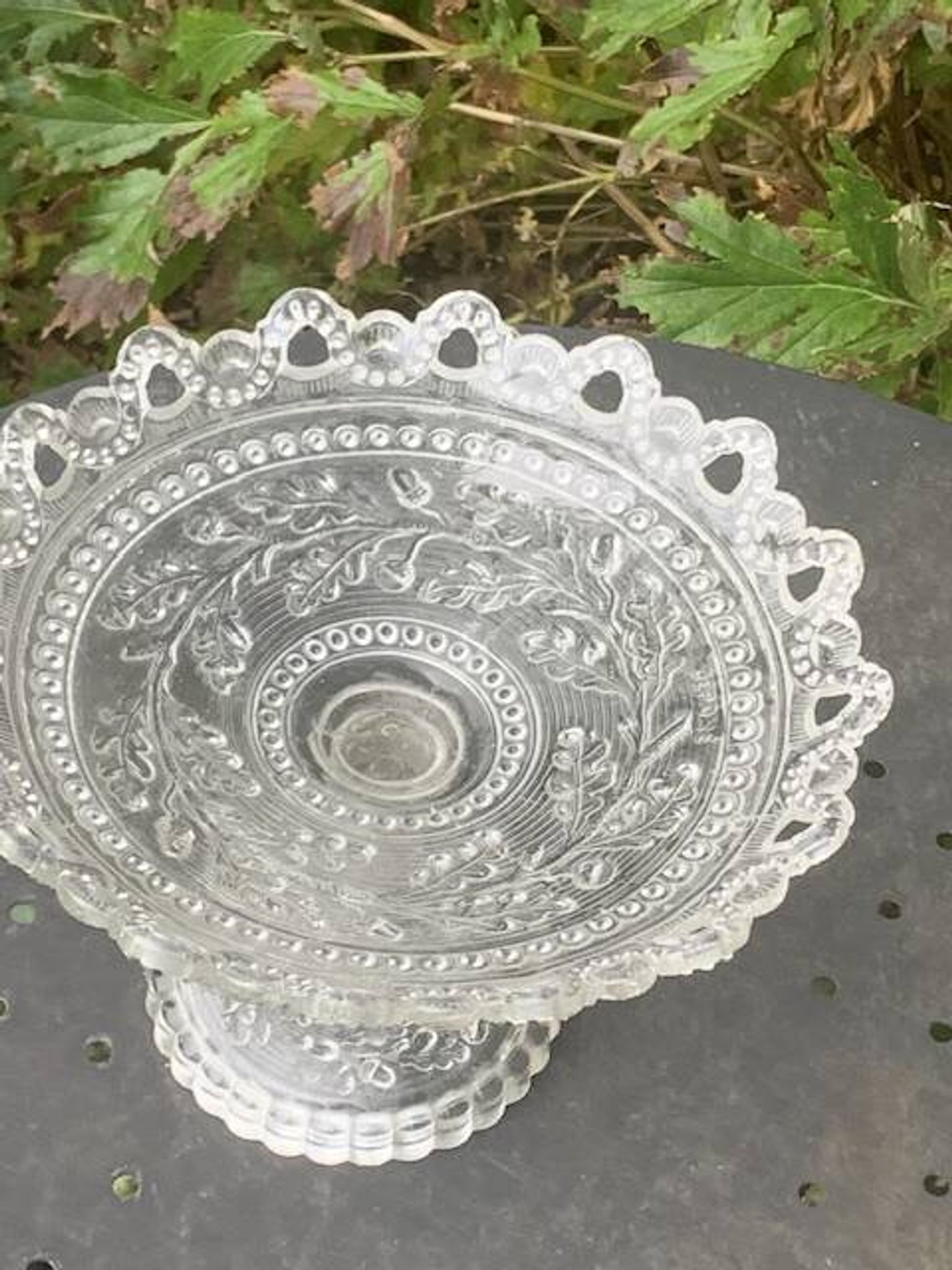Glass bowl, vintage oak leaf pattern compote dish.