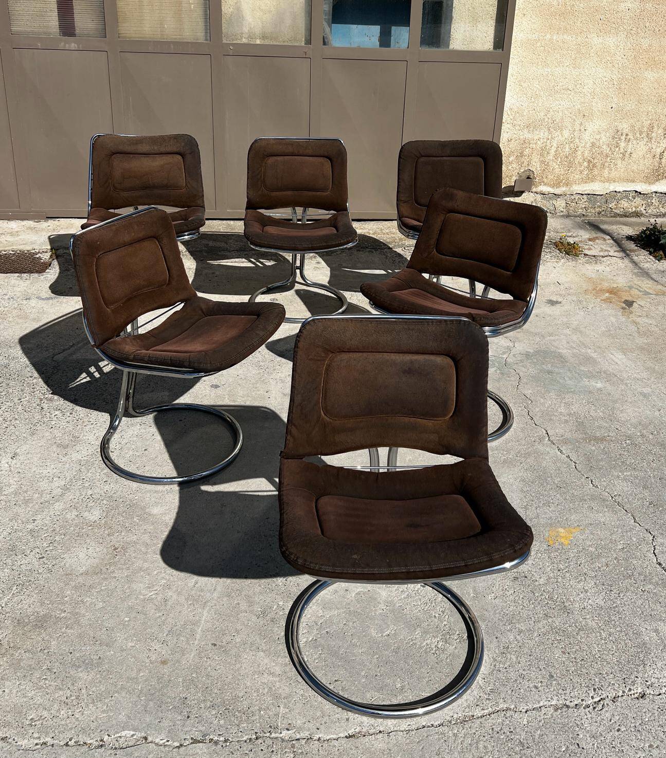 Set of 6 vintage Gastone Rinaldi style chrome steel chairs