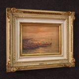 Seascape painting signed by Remo Testa, fishermen at sunset