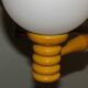 Space age chandelier in 5-arm wood with white frosted opaline glass spheres.