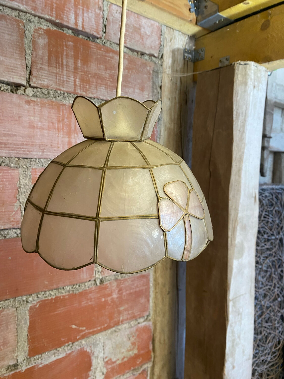 Antique Art Deco Style Pendant Light, Mother-of-Pearl & Brass, 1970s Vintage