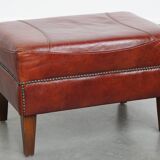 Set of 2 Cognac-Colored Cowhide Leather Club Chairs with Matching Ottoman