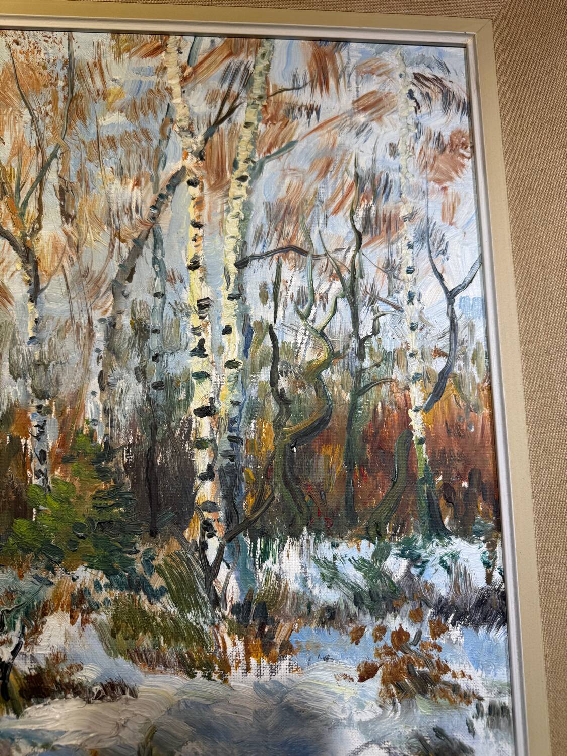 Antique painting, landscape under the snow, signed Fallet 1967