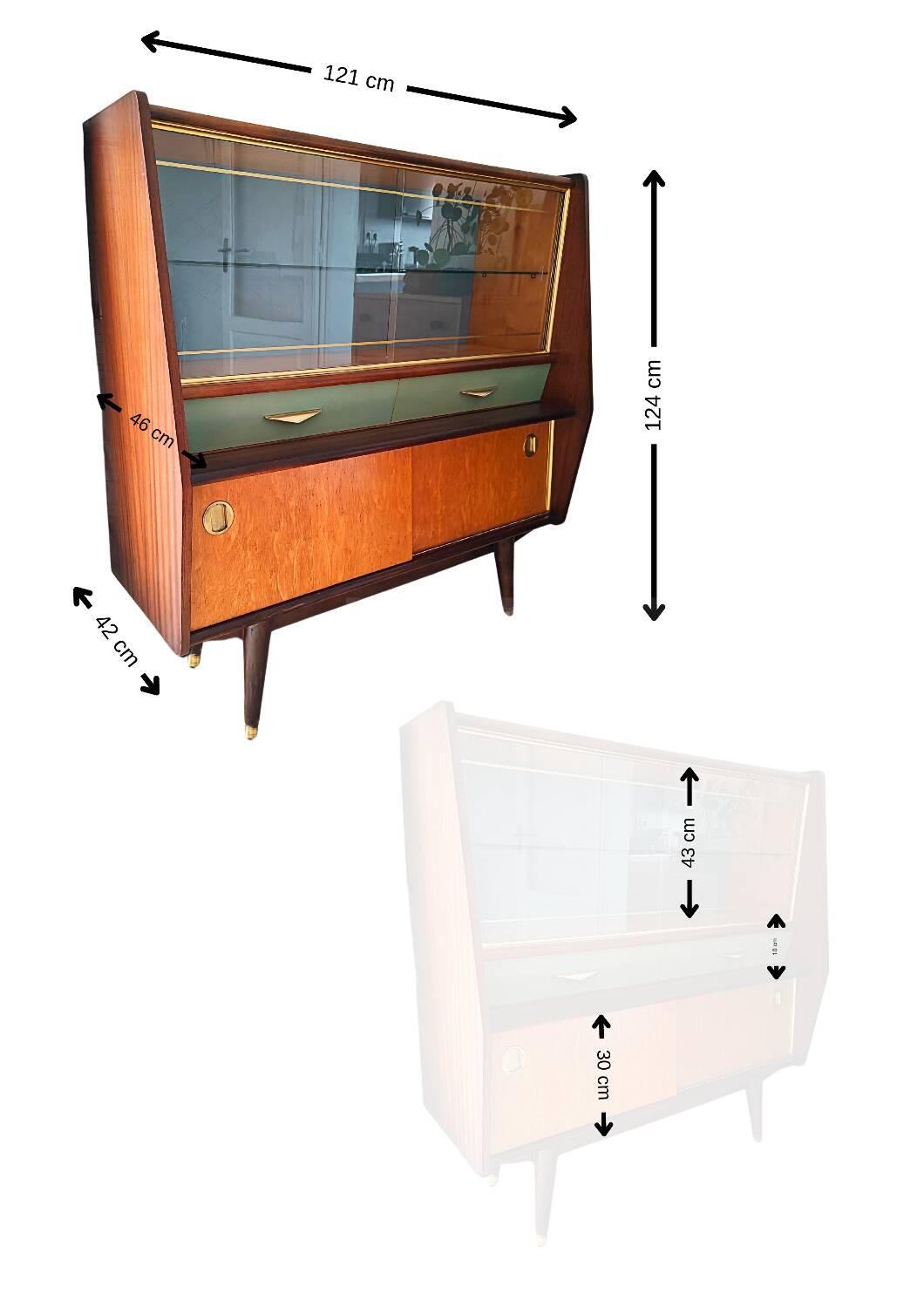 Vitrine en teck et verre des années 1950 avec détails en laiton