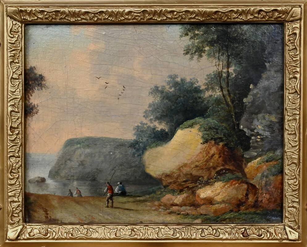 Painting "Path Leading to the Sea", oil on panel, in the style of Jean Pillement – late 19th century.