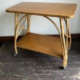 Side table provence 1960 in rattan and plyvood on wheels