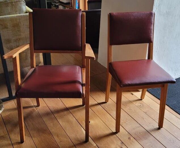 Pair chair/armchair wood and burgundy skaï, 50s