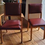 Pair chair/armchair wood and burgundy skaï, 50s