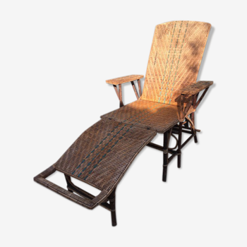 Long wicker and rattan armchair 1950