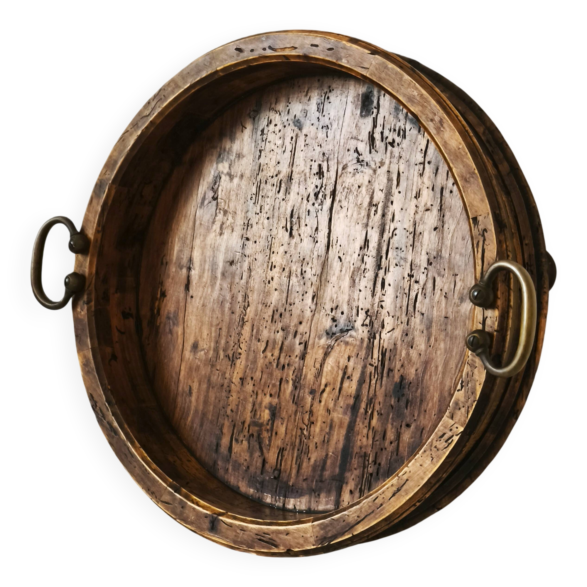 Large antique Italian wooden tray with brass handles.