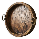 Grand plateau ancien italien en bois avec poignées en laiton