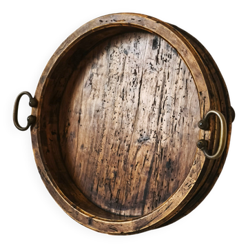 Grand plateau ancien italien en bois avec poignées en laiton