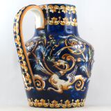 Ancien pichet/broc faïence de gien, renaissance, french ceramic/limoges/putti
