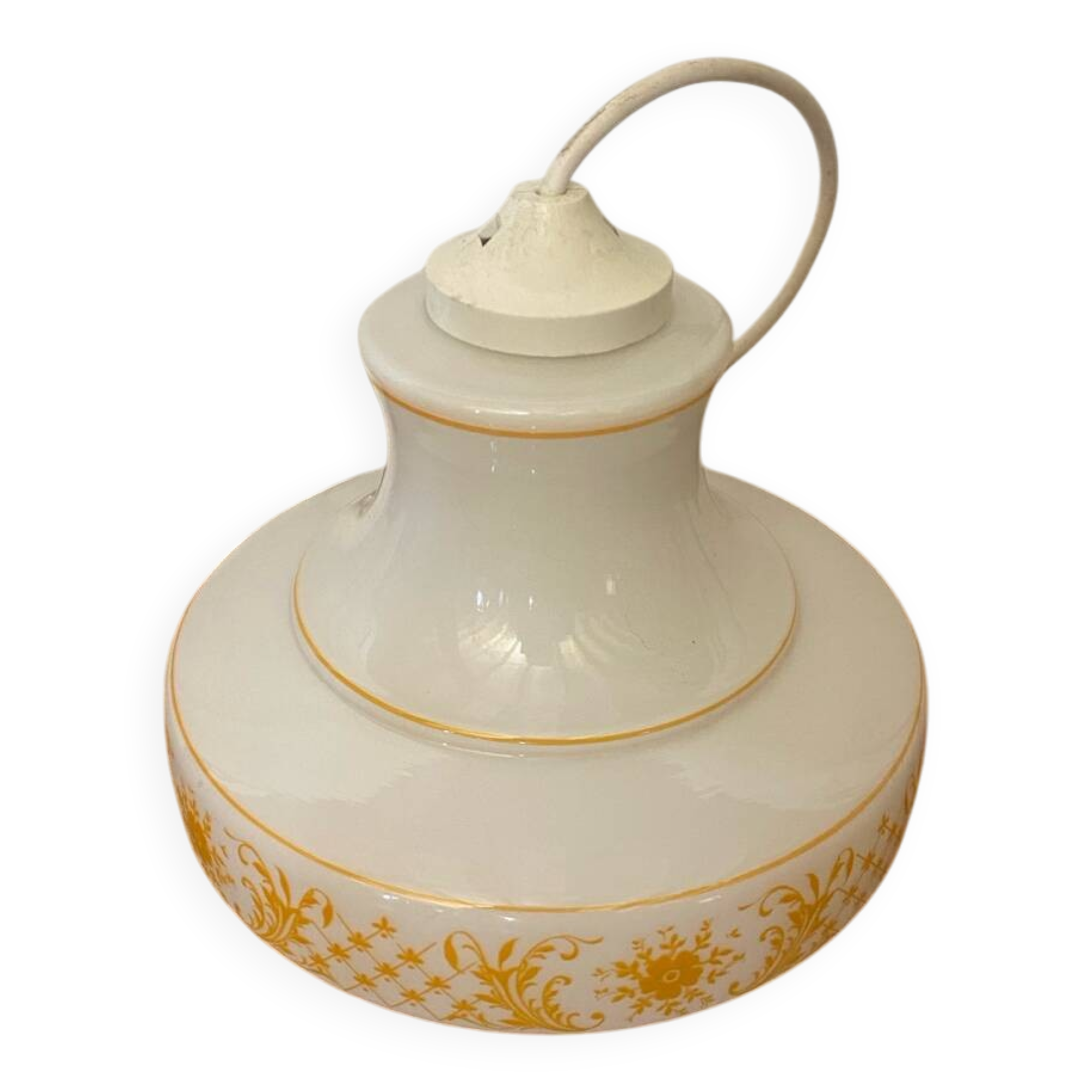 Suspension Ancienne Opaline Blanche & Décor Jaune Années 70 Vintage