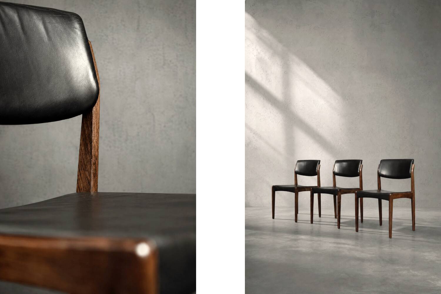 Set of 3 Vintage Mid-Century Danish Modern Rosewood & Black Leather Chairs
