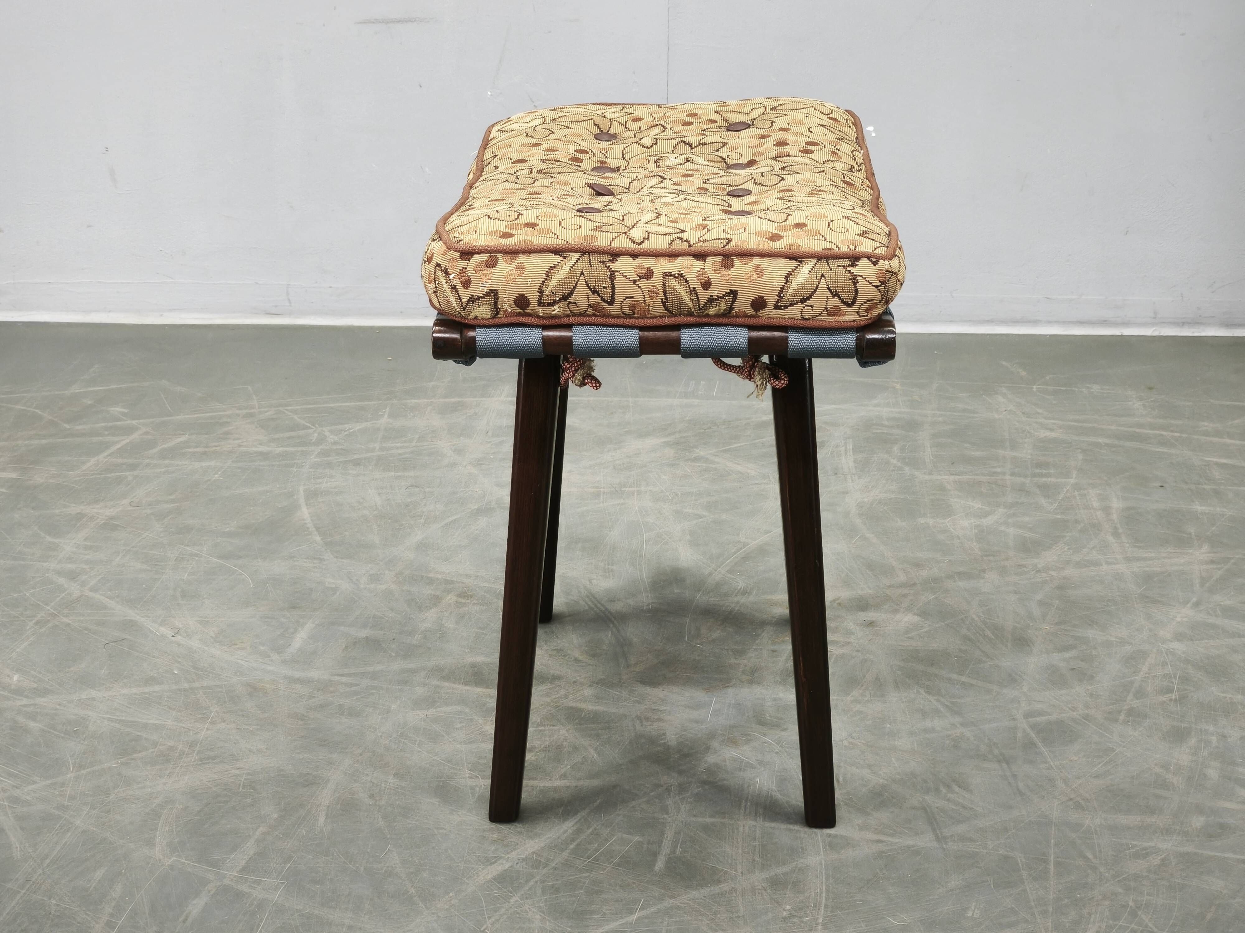 TON Mid-Century Beech Stool with Original Cushion, Czechoslovakia, circa 19