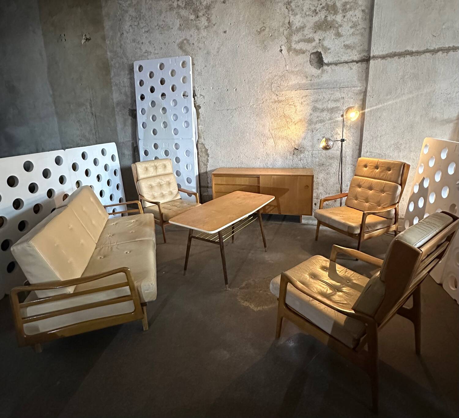 Scandinavian Style Sofa + Three Armchairs Set in Light Wood and Leather