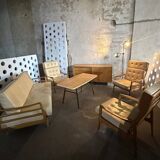 Scandinavian Style Sofa + Three Armchairs Set in Light Wood and Leather