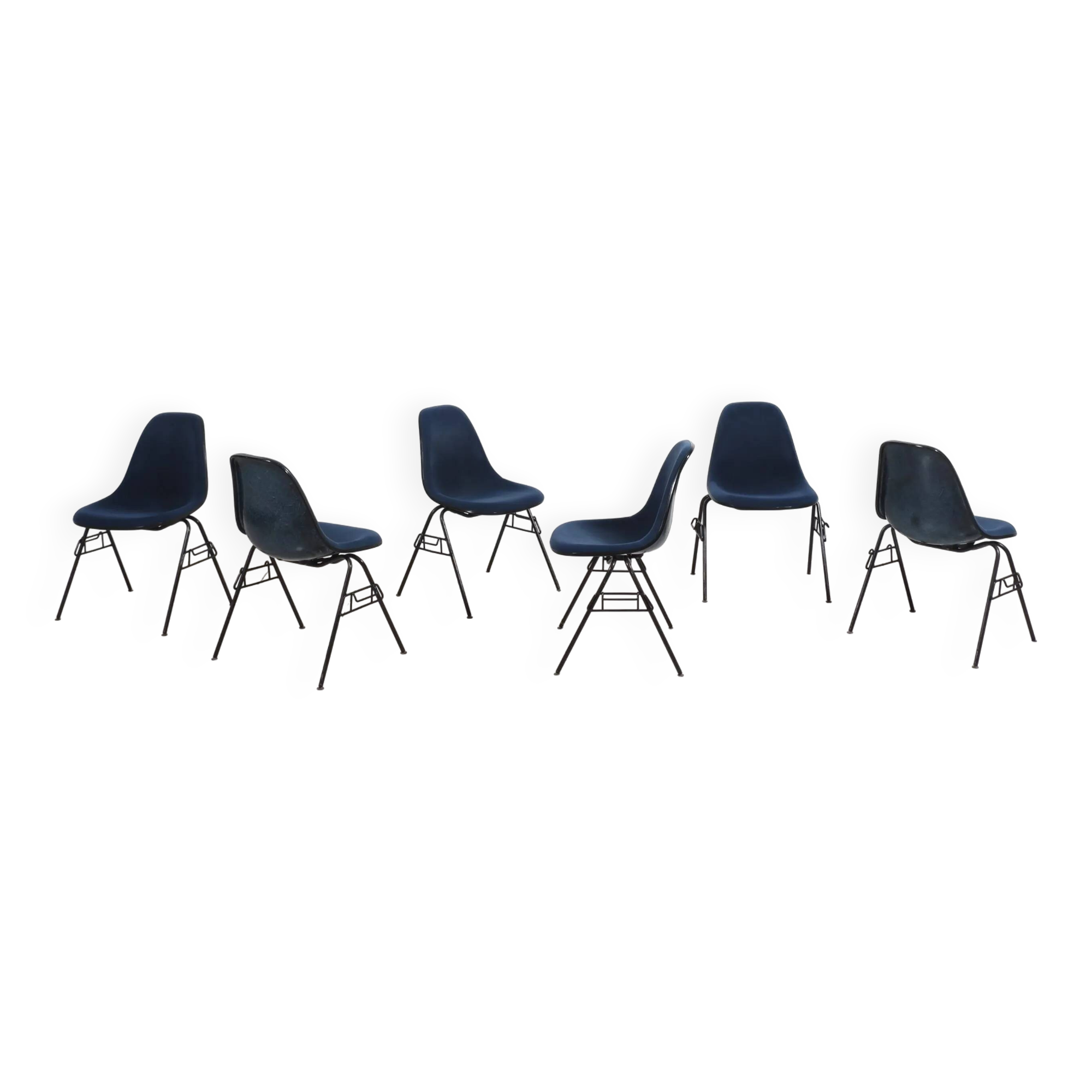 Set of 6 Eames Fiberglass DSX side chairs blue with velvet upholstery