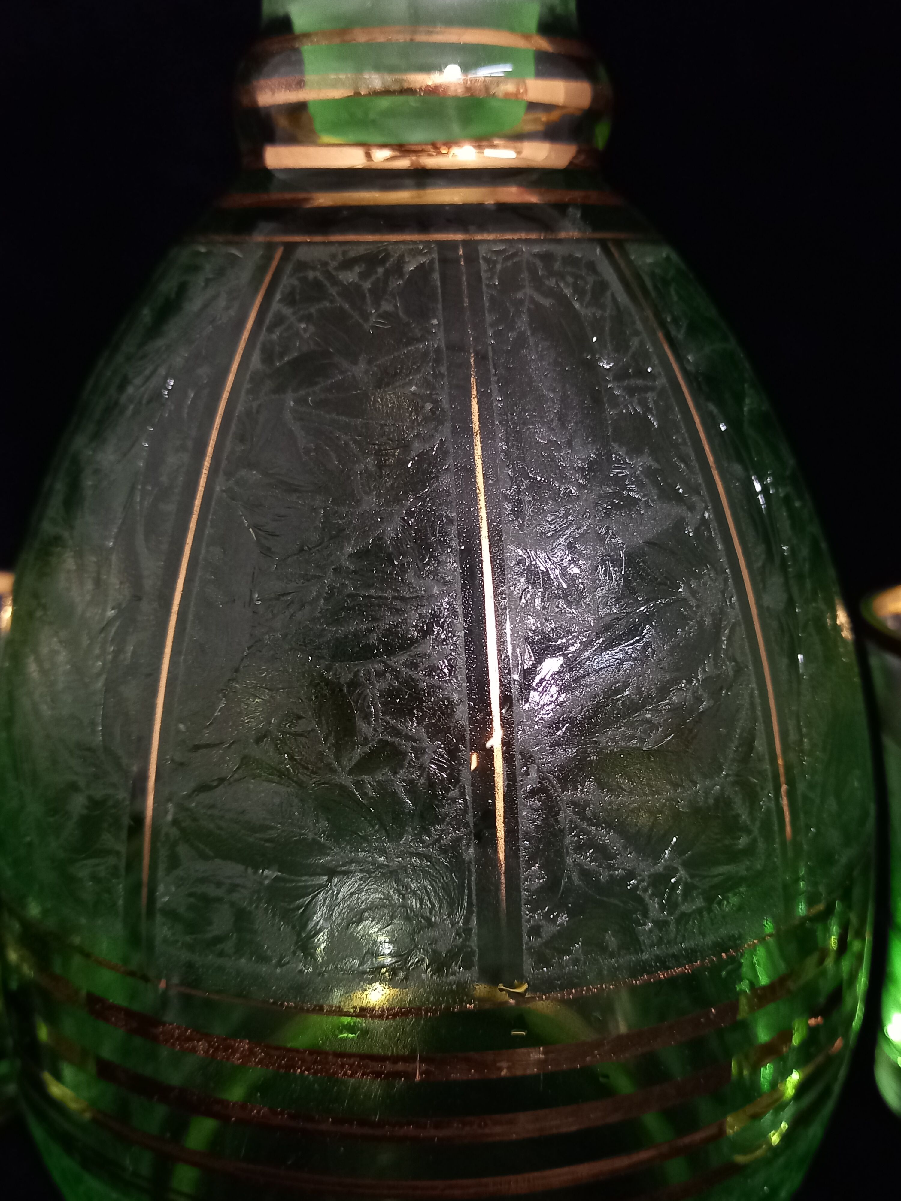 Art deco liqueur service in light green frosted glass