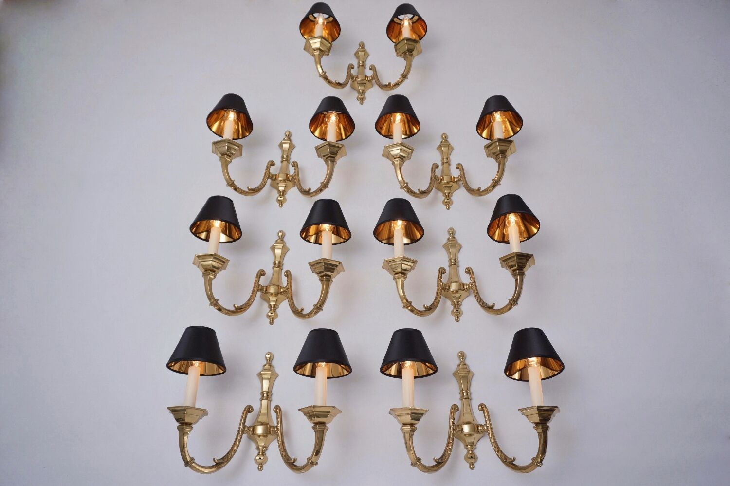 Pair brass wall lights sconces, twin arm, Neoclassical, 1950`s ca, English