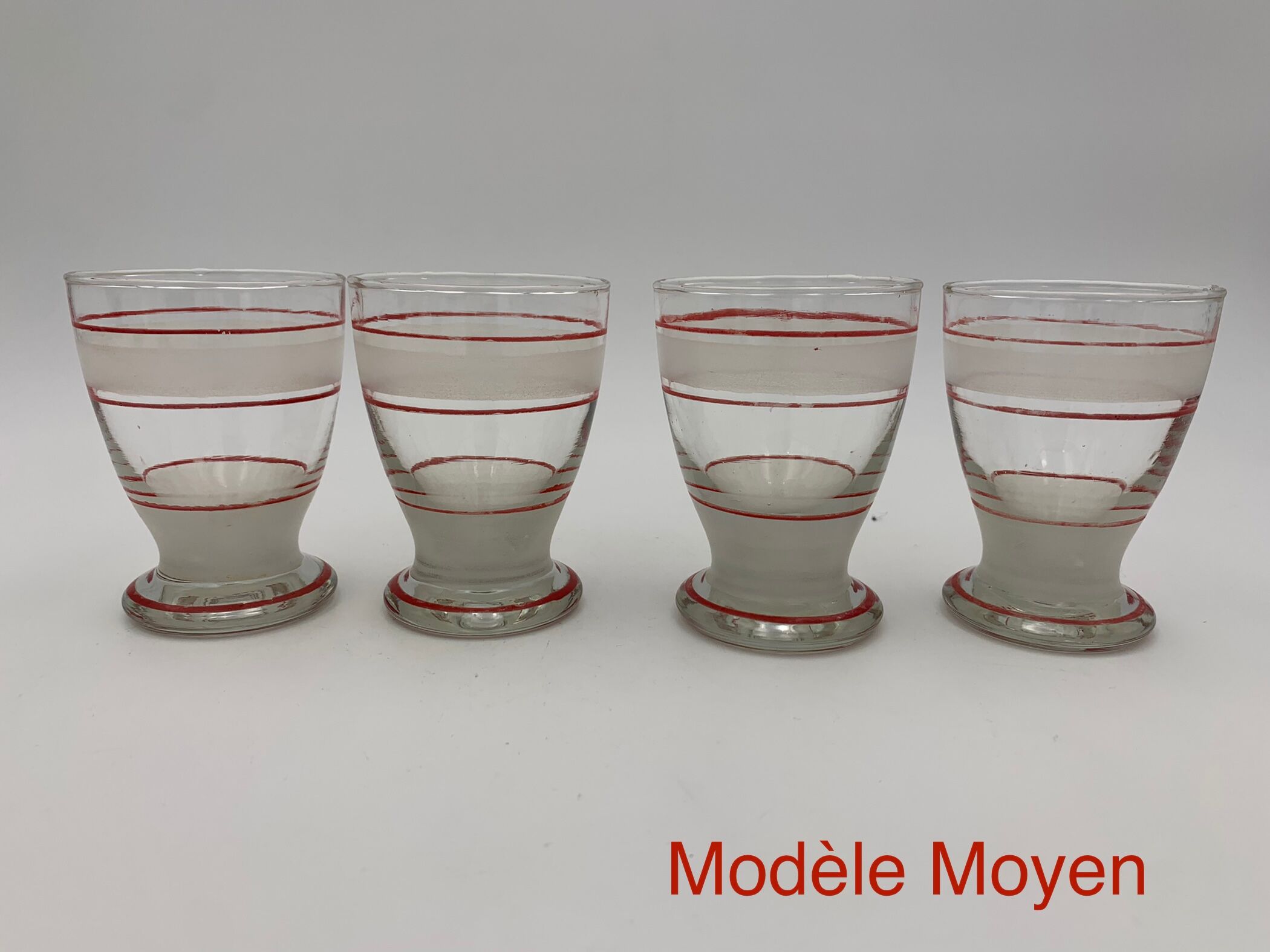 Set of 14 vintage glasses, 3 different sizes, white and red decorations - 1950s