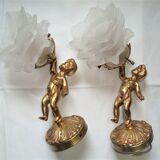 Pair of sconces Angels Cherubs Bronze Gilded Tulips Cut Glass
