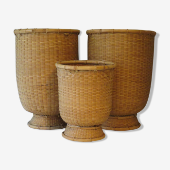 Set of 3 wicker pot covers from the 1970s