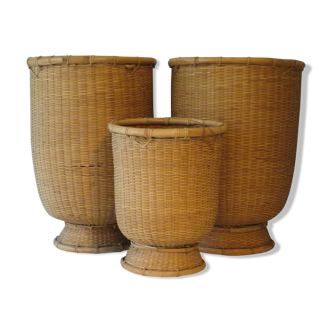 Set of 3 wicker pot covers from the 1970s