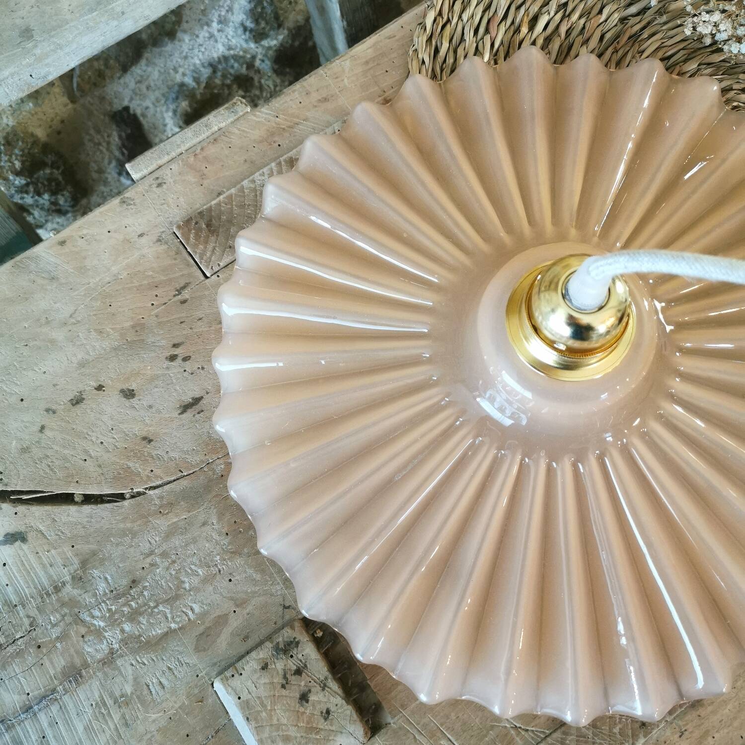 Vintage opaline pink pleated molded glass pendant light