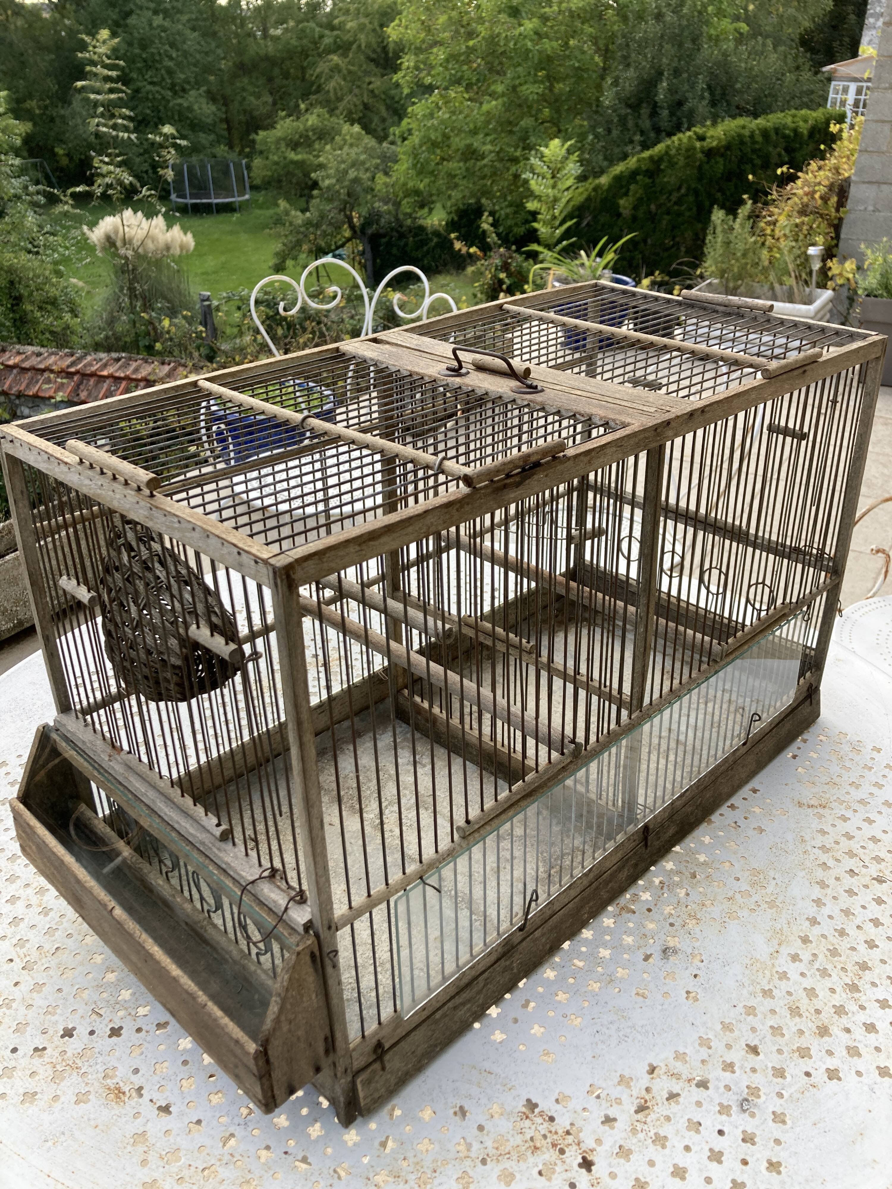 Cage double à oiseaux ancienne en bois et zinc