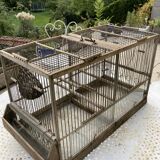 Cage double à oiseaux ancienne en bois et zinc