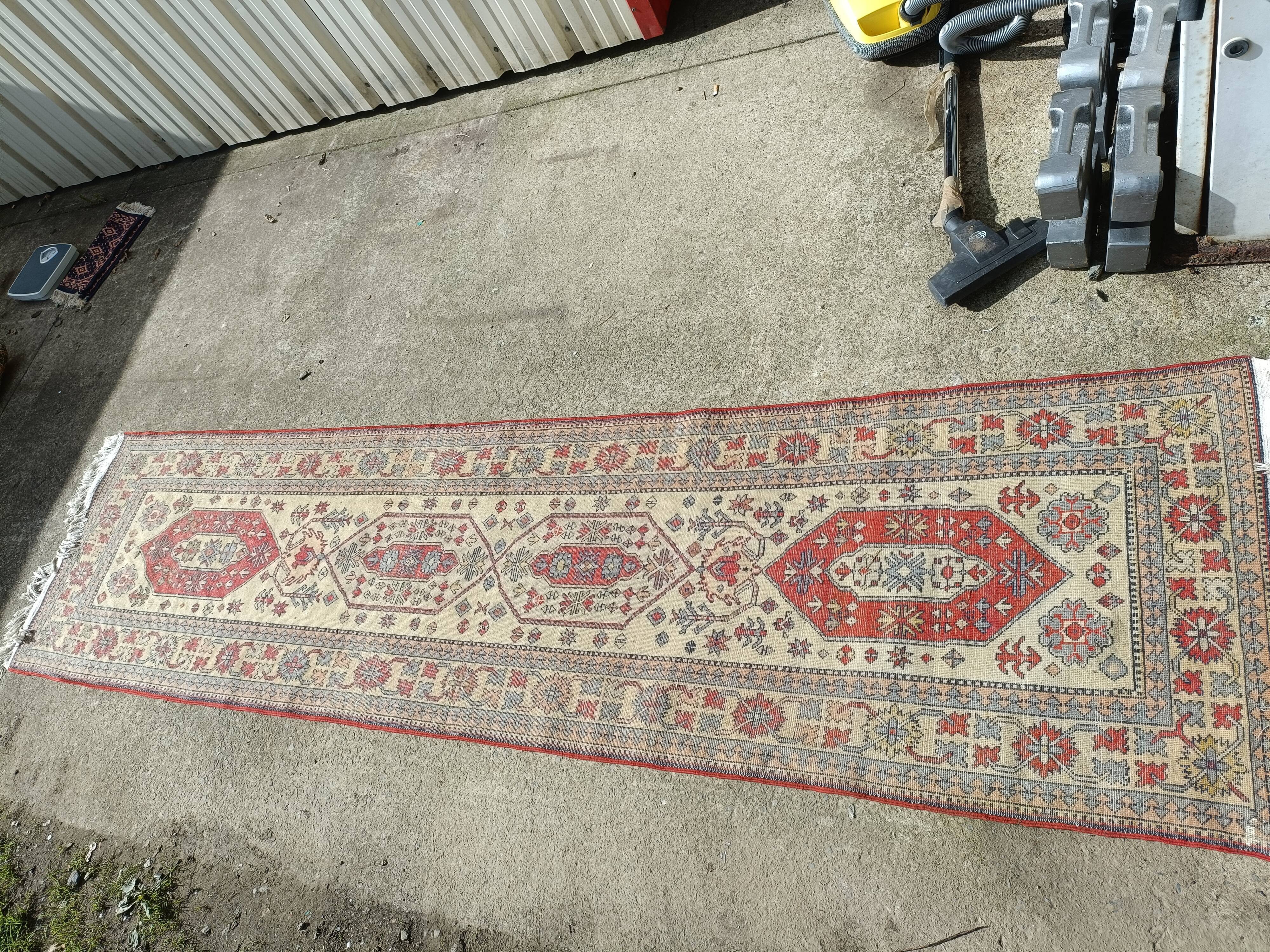 Handmade wool gallery carpet, geometric décor beige and red background, 3 m
